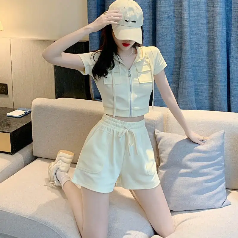 

New Women Two Piece Set Solid Color Hooded Zipper Short Cardigan Korean Style Elegant Fashion Casual High Waist Shorts Female