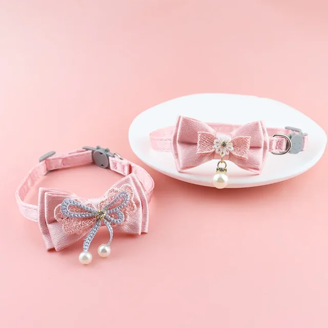 Obroża dla zwierząt Różowa koronkowa kokardka Wiszący koralik Kot Choker Dzwonek Akcesoria dla kotów Akcesoria dla psów Produkty dla kotów