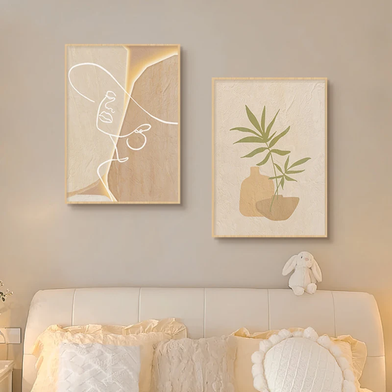 

Wooden Cream Style Abstract Line Art Canvas Painting Botanical Minimalist Poster Beige Aesthetic Wall Decor Living Room Bedroom