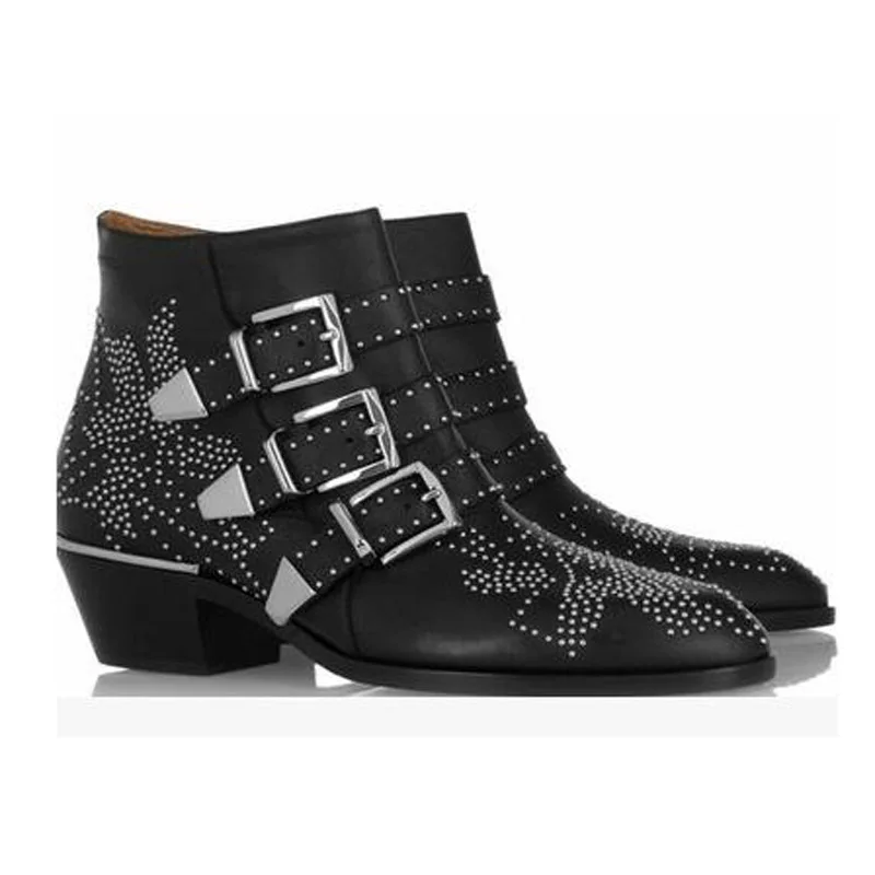 Rock Style Three Buckles Front Point Toe Punk Rivets Motorcycle Boots Autumn Fashion Studs Flowers Women Zipper Side Ankle Boots