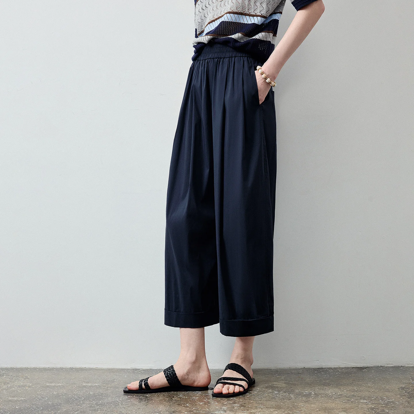 TOYOUTH Women Casual Pants 2026 Summer New Relaxed Style Turn Up Hem Ankle Wide Leg Pants Black Blue