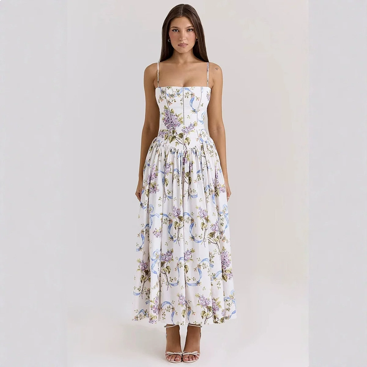 House Floral Print Wrap Waist Strapless Midi Dress Dresses Spring Summer Casual