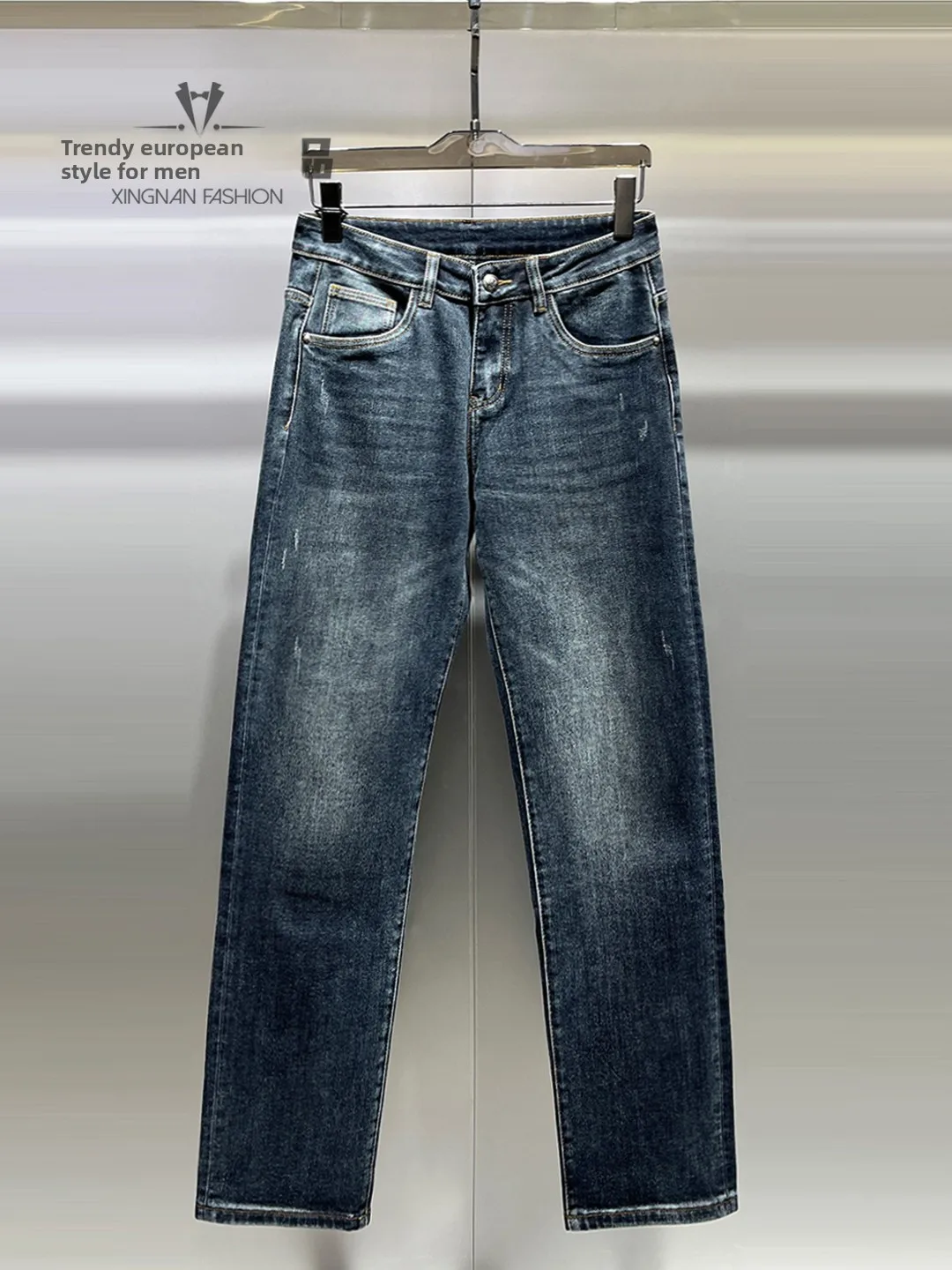 

Мужские однотонные прямые джинсы на флисовой подкладке, модные осенне-зимние свободные брюки с эффектом потертости, повседневный стиль