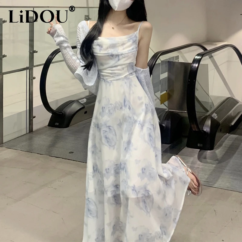 Summer Autumn Floral Printing Sweet Slip Dress Ladies Sexy Sleeveless Tank Robe Knitting Coat Two Pieces Set Women\'s Clothing