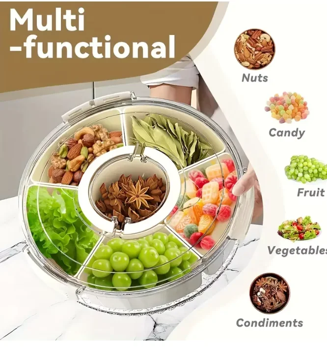 Creative Split Rotating Tray with Lid and Handle, Portable Fruit and Snack Box, Vegetable Cooked Food, Transparent Snack Spinach