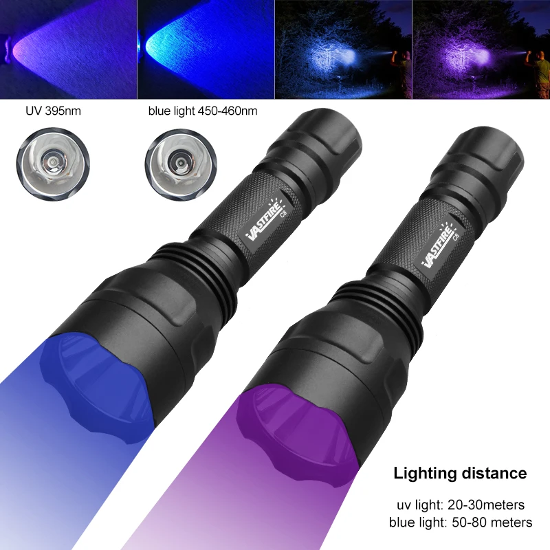 High Power LED UV Flashlight Set 395NM/ Blue Light Torch 1 Mode Aluminum Alloy Lamp for Camping Cat Pet Urine Stains Marker Lamp