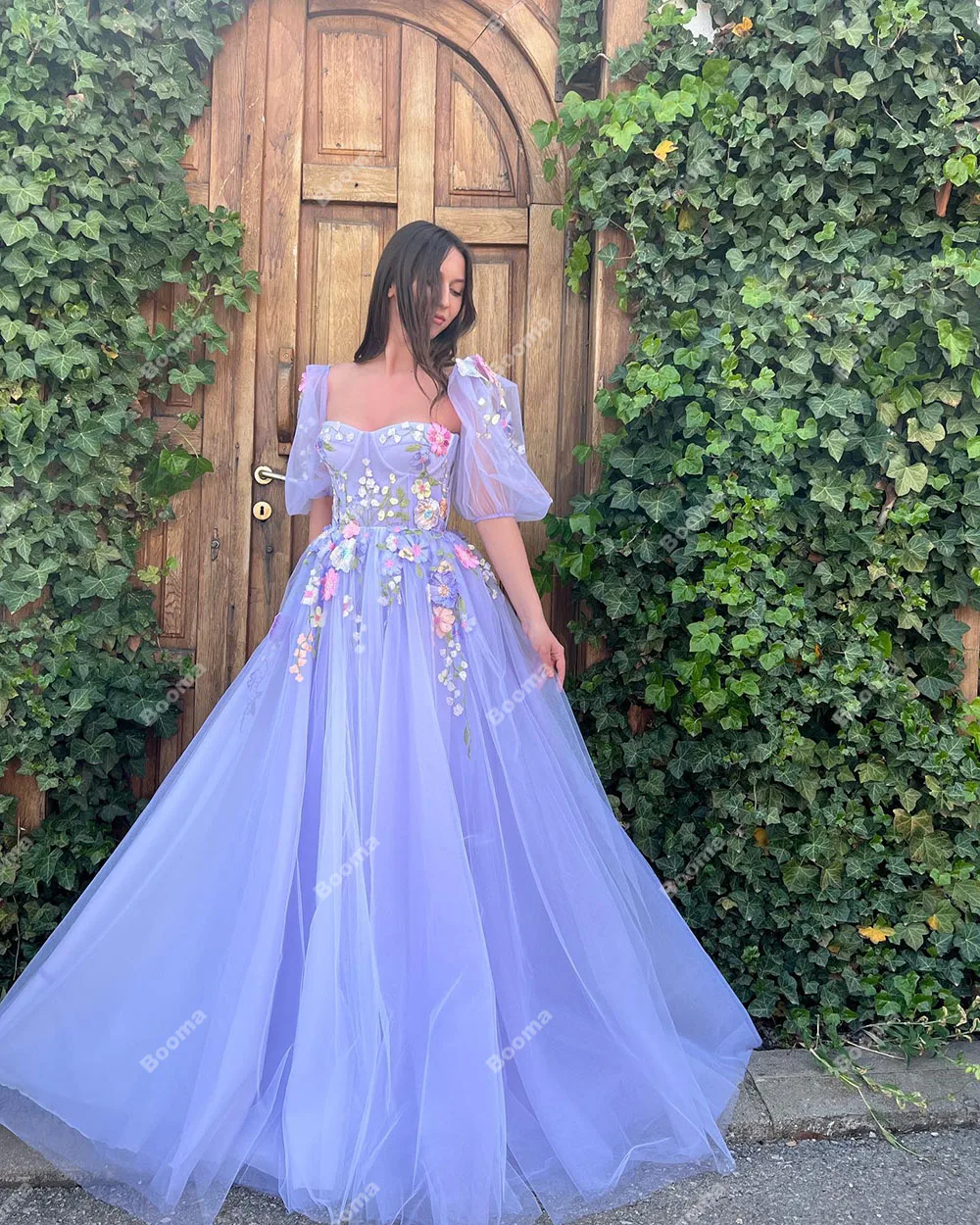 Booma Lavender Fairy Long Prom Dresses For Graduation Short Puff Sleeves 3D Flower Evening Dresses A Line Formal Party Gowns