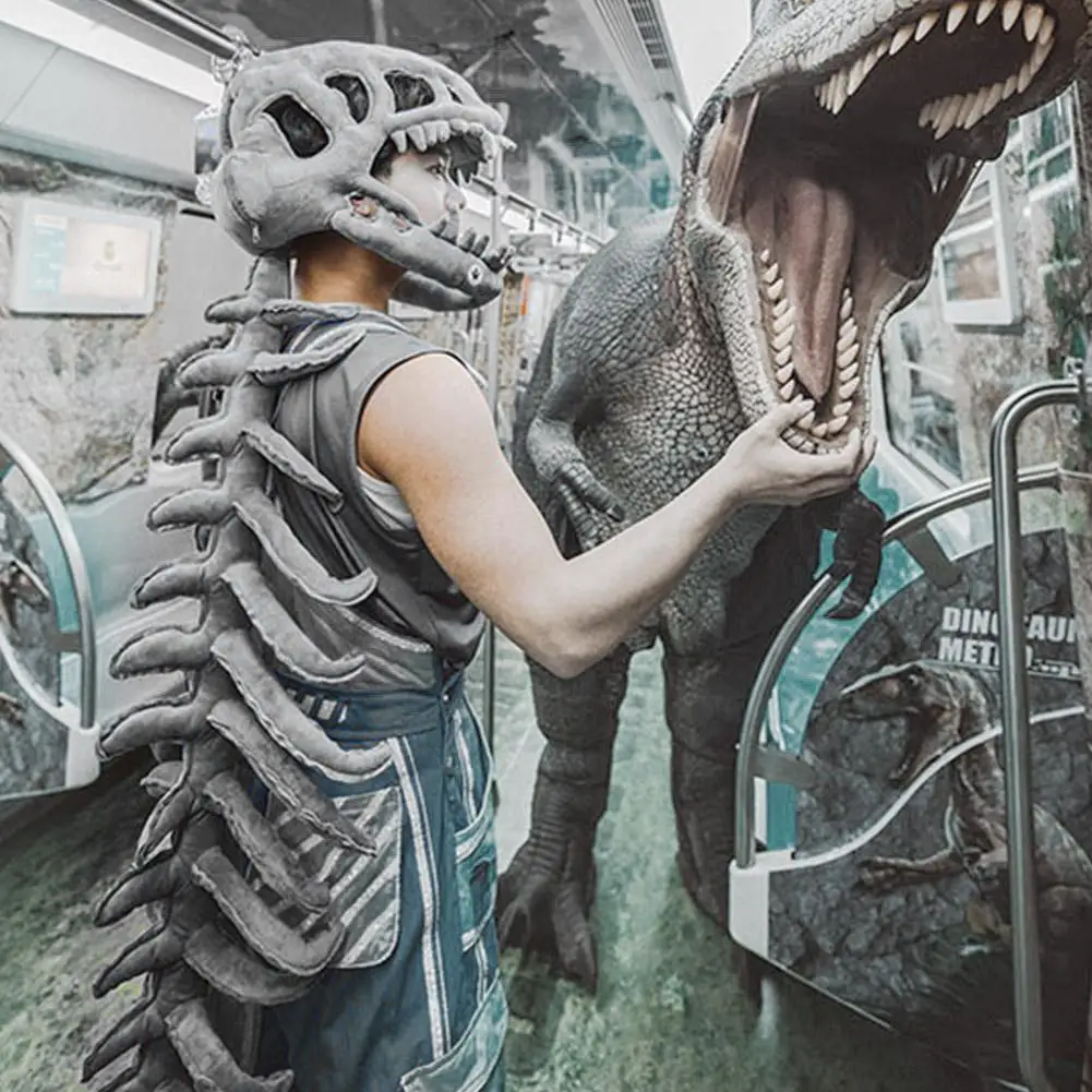 Realistic Dinosaur Skeleton Costume Set Halloween Carnival Fun Skeleton Dinosaur Party Costume Headgear Dress-Up Fossil Jumpsuit