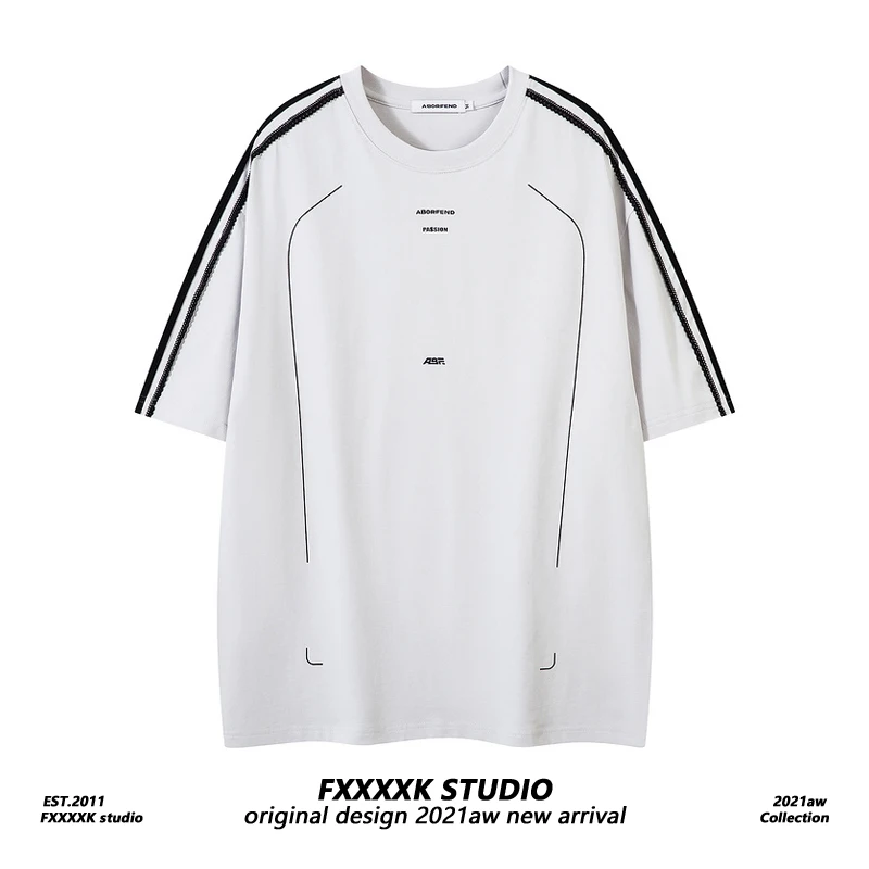 Loose Fit Short Sleeve T-Shirt with Patchwork Lace Weave Band Unisex Summer Fashion Casual round Neck Stripe Pattern Tee