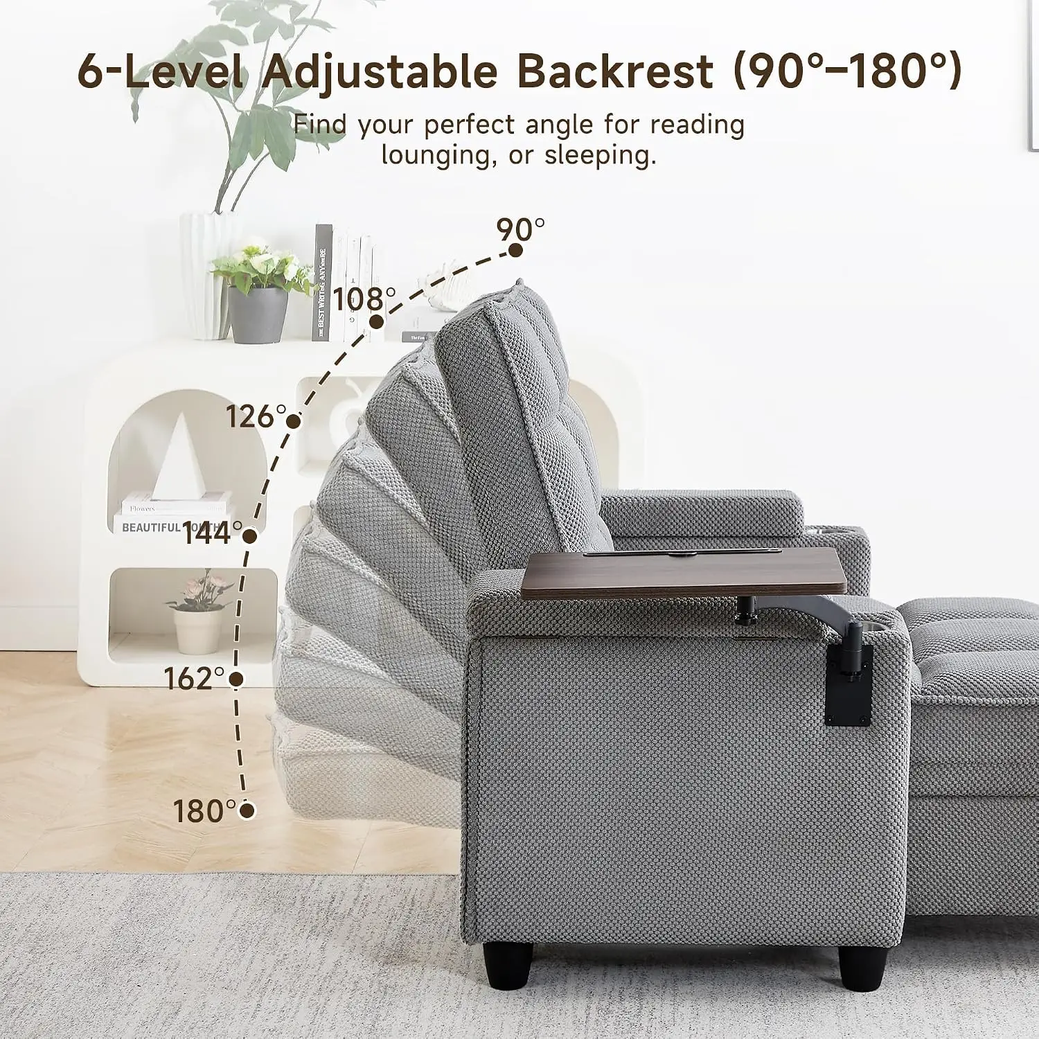 Tufted Linen Chaise Lounge with Table, Storage, Pillow, USB & Adjustable Backrest for Living Room, Light Gray, Customized
