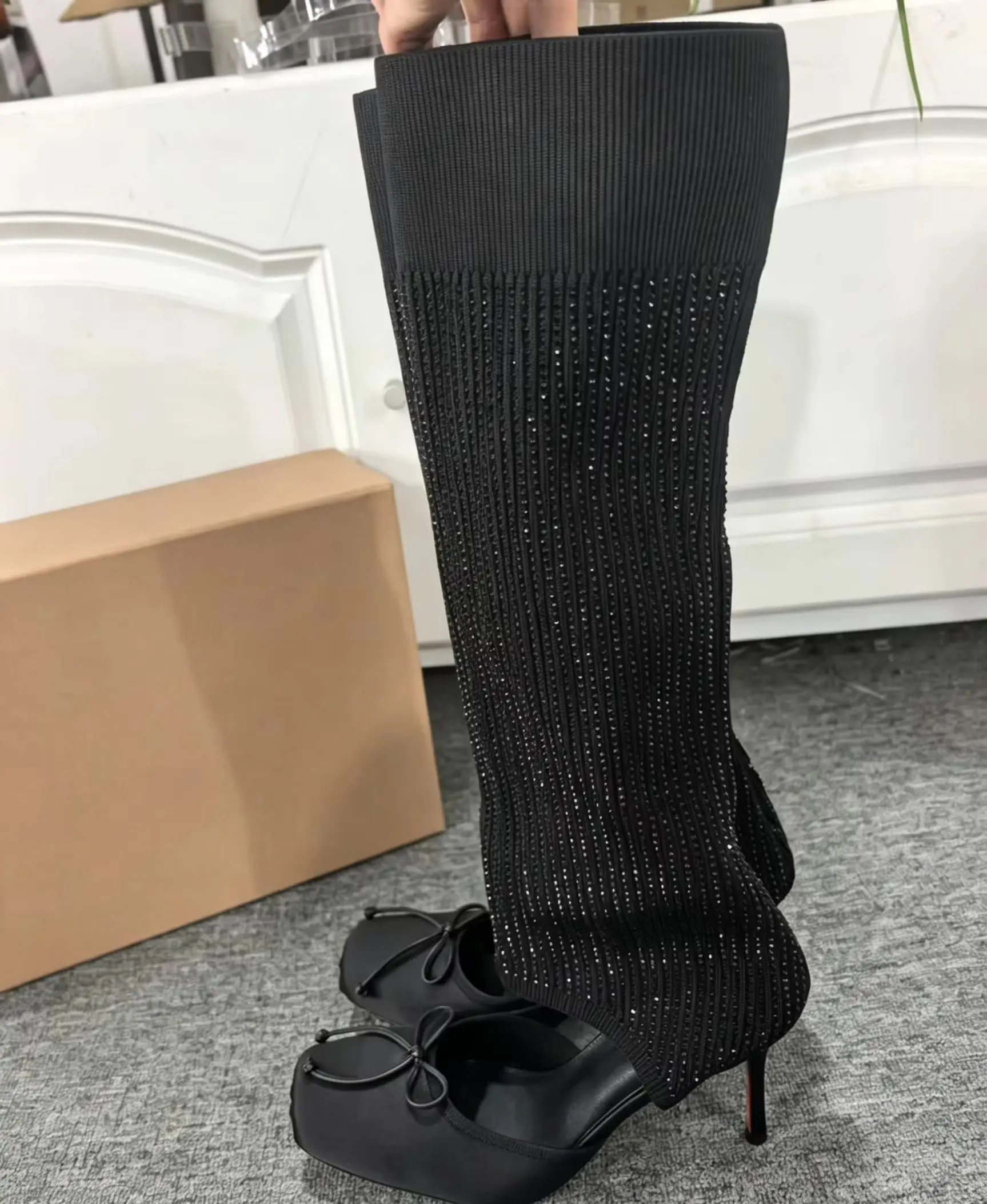 Women's Black Satin Square Toe Bow Ballet Flats Sweet Rhinestone Knit Over Knee Socks Elegant Daily Party Lady Matching Set Shoe
