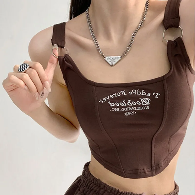 Letter Print Cotton Tank Top Women Small Breast Bras Hot Girls Wear Slim Crop Top Underwear Padded Camisole Top