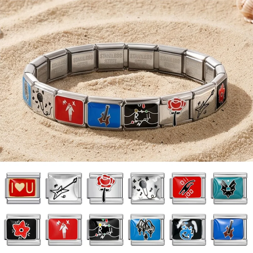 9MM Stainless Steel Italian Charm Enamel Link Bracelet Guitar Rose Bat Pattern DIY Making Jewelry Gift For Women Men Accessories