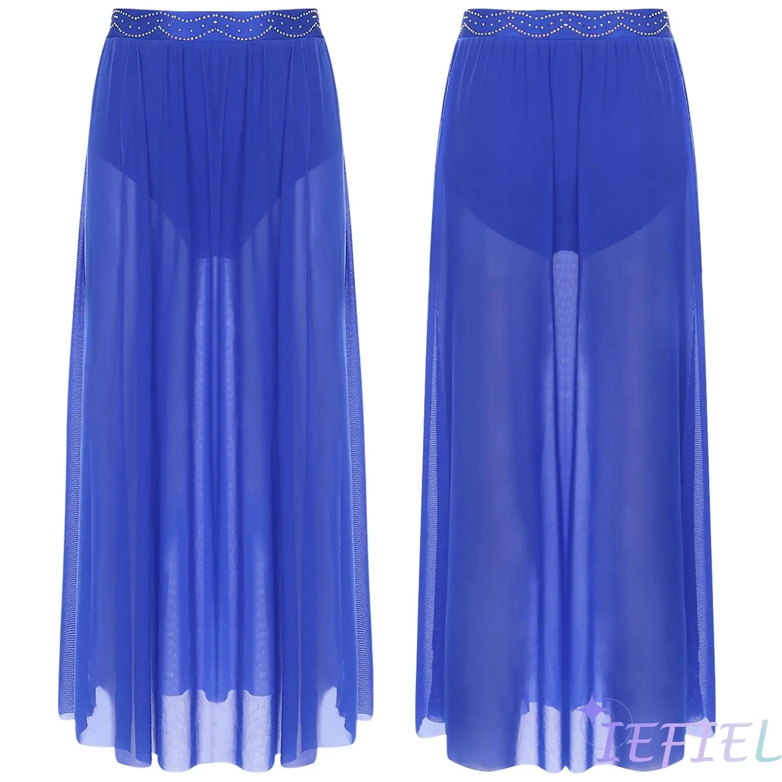 

Womens Lyrical Dance Skirt Figure Skating Skirt Front Slit High Waist Sheer Mesh Flowy Skirt for Belly Latin J Dance Performance