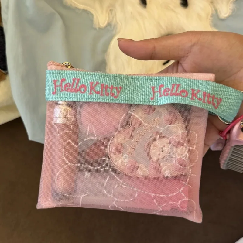 

Hello Kitty Makeup Bag Printed Tender Pink Cute Girl Mesh Fashion Transparent Card Bag Sanitary Napkins Storage Gift Wholesale