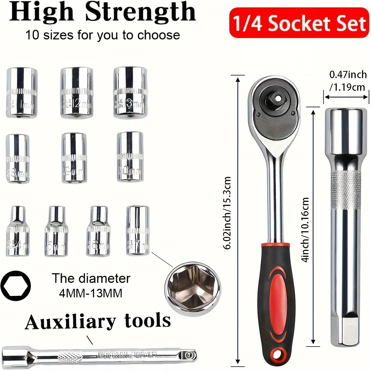 12pcs  1/4 Inch Ratchet Socket Wrench Set, Drive Socket Set With 10 Sockets, 4-13mm And 2 Way Quick