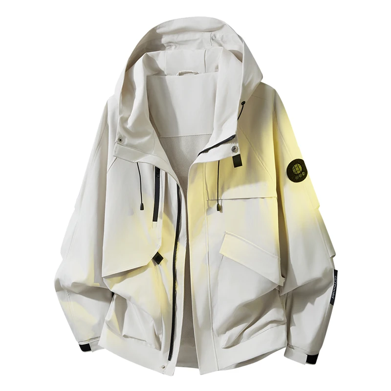 Men Hooded Windbreaker Jacket Multi‑Pocket Patch Badge Decor Windproof Outdoor Hiking Loose Oversized Casual Street Outerwear Co