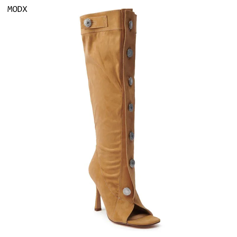 

2025 модные женские дизайнерские сапоги на высоком каблуке в форме рыбьего рта, женские высокие сапоги до колена с открытым носком и пуговицами, 44