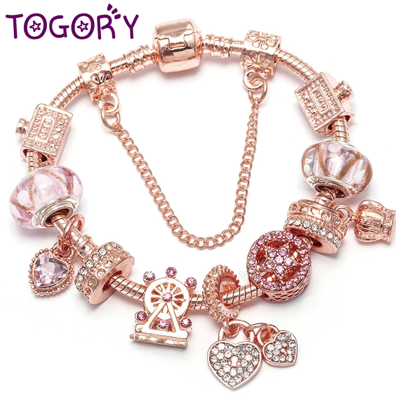 TOGORY 2024 Love Heart Charm Bracelets & Bangles for Women Jewelry DIY Marano Beads Fine Bracelet Lover Wife Wedding Jewelry