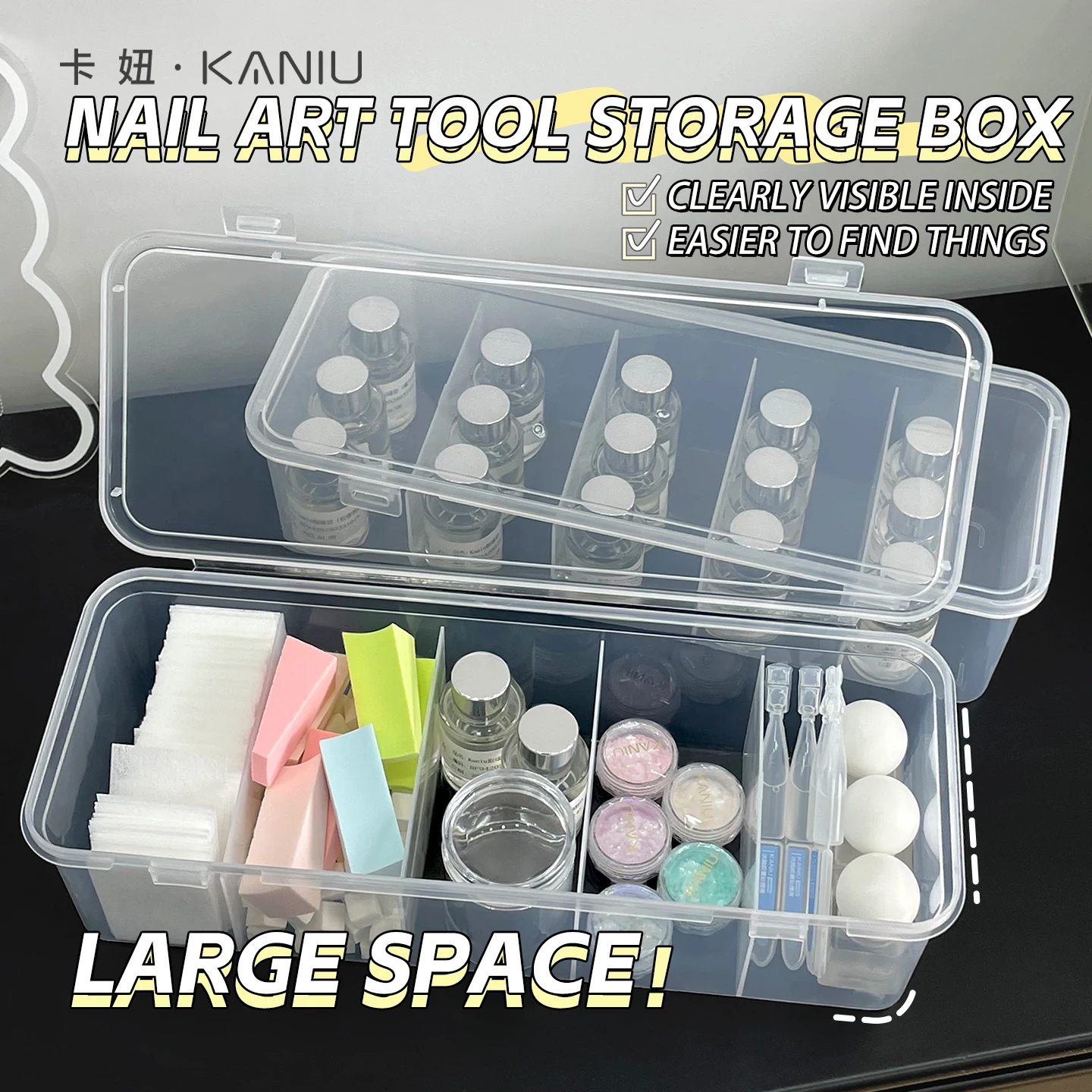 1PC LargeNails Art Organizer Plastic Transparent Storage Box Pen Brush Polishing Nail Buffer Files Plastic Container