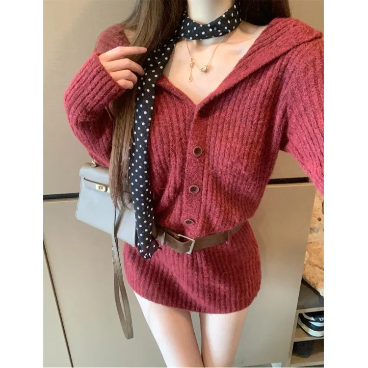 

Autumn Winter Knitted Dr Women's Waist-Cinching Hooded Dr with Belt And Button Casual Leisure High-End Feeling Dr