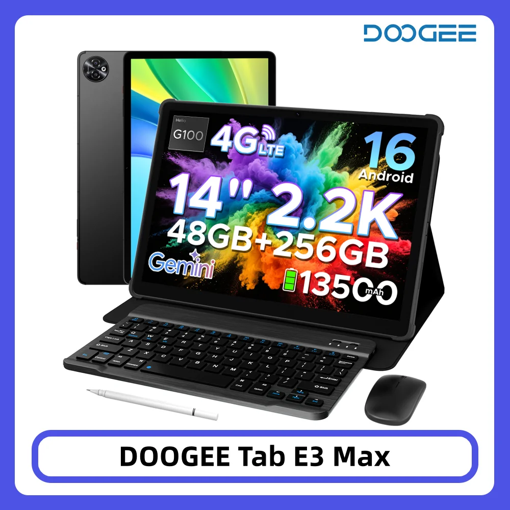 Tablette PC DOOGEE Tab E3 Max 14'' Écran 2.2K 48 Go 256 Go Batterie Grande Capacité 13500 mAh Helio G100 16 MP Gemini AI Android 16 Smart Pad