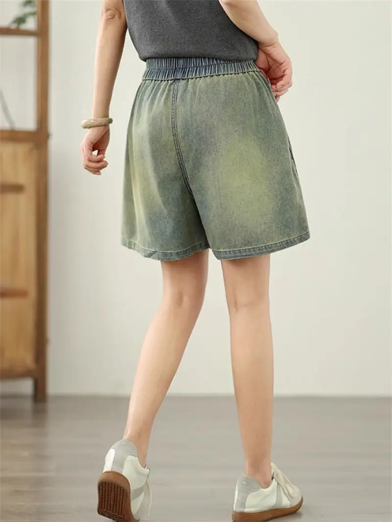 Women's Denim Shorts: Large Pockets, Elastic Waist | Summer Wide Leg A-Line | Slimming Casual (G989)
