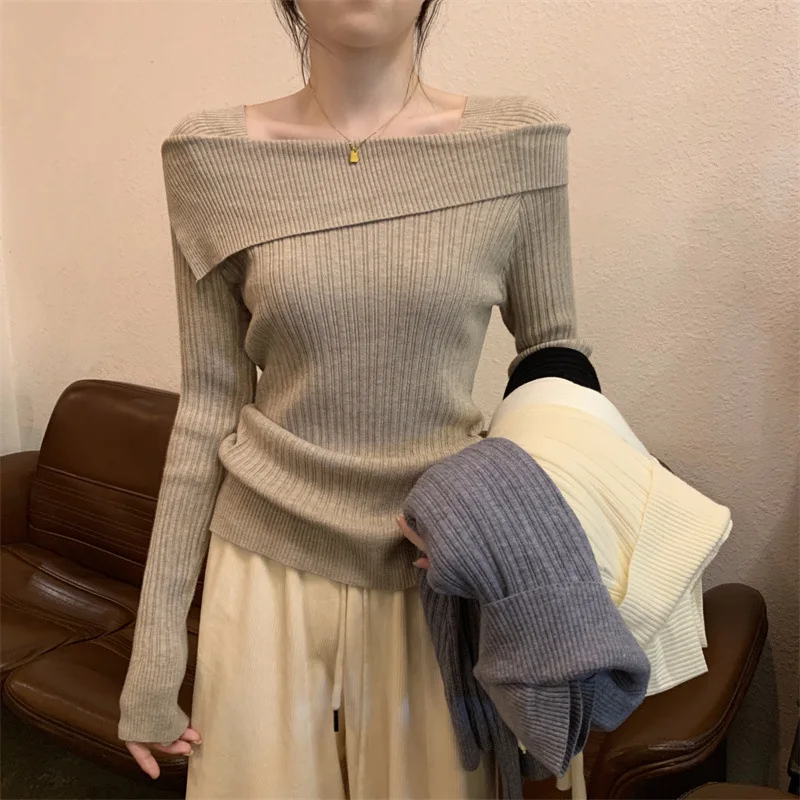 

2025 Solid Sexy Slim Off Shoulder Slash Neck Long Sleeve Knitting Sweater Women Jumpers Office Fashion New Casual Pullovers