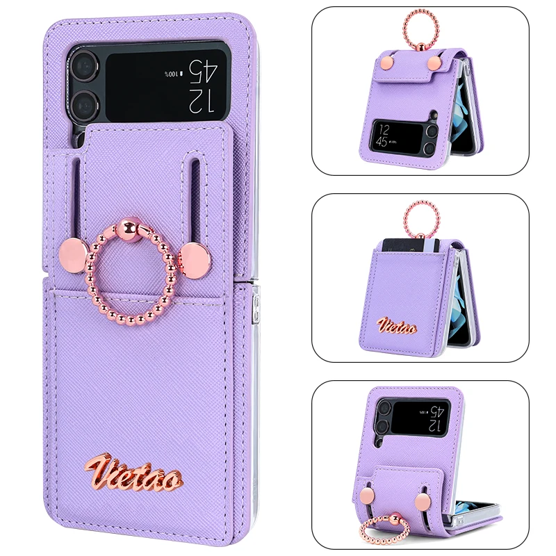 VIETAO Z Flip 3 Casing Ponsel dengan Tempat Cincin Jari, Penutup Ponsel Kulit PU untuk Galaxy Z Flip 3 dengan Slot Kartu, Emas Mawar