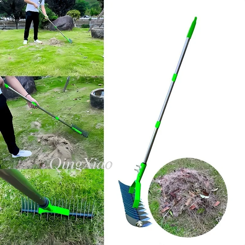 Stainless Steel Lawn Rake Garden Leaf Thatch Remover Soil Loosening Tool, Adjustable Long Handle for Backyard Patio Yard Care