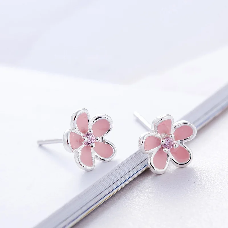 Pink Flower Peach Blossom Cute 925 Sterling Silver Trendy Female Stud Earrings For Women Luxury Jewelry EA115