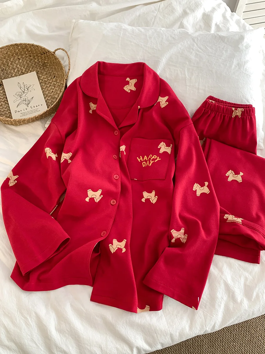 豪華な赤い綿のパジャマカップル寝間着春秋純綿ホーム服新年ギフト馬プリント長袖