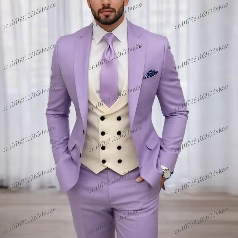 

Light Purple And White Men Suit Wedding Party Formal Groom Groomsman Prom Business Male Tuxedos 3 Piece Set Jacket Vest Pants