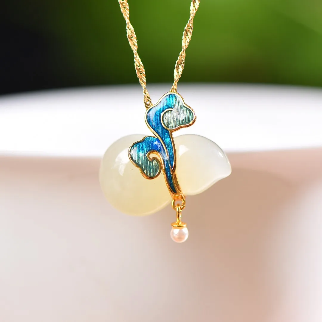 S925 Silver and Hetian Jade Gourd Enamel Pendant with Pearls