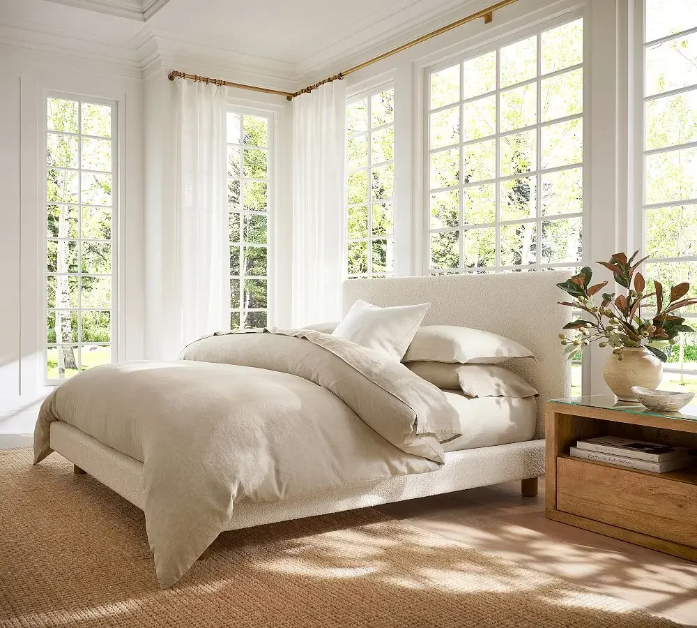 *e`European Platform Upholstered Solid Wood King Size Bed Soft Fabric Headboard CE Certified Sturdy Structure for Home Bedroom