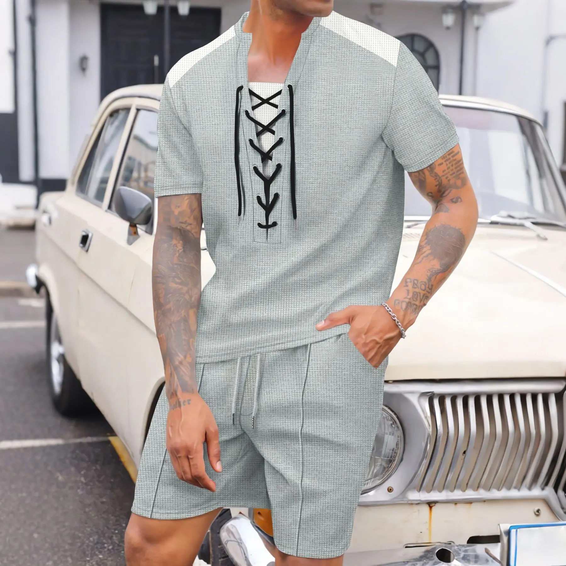 2025 new men's summer trend casual loose comfortable fashion wear rope round neck solid color short-sleeved shorts two-piece set