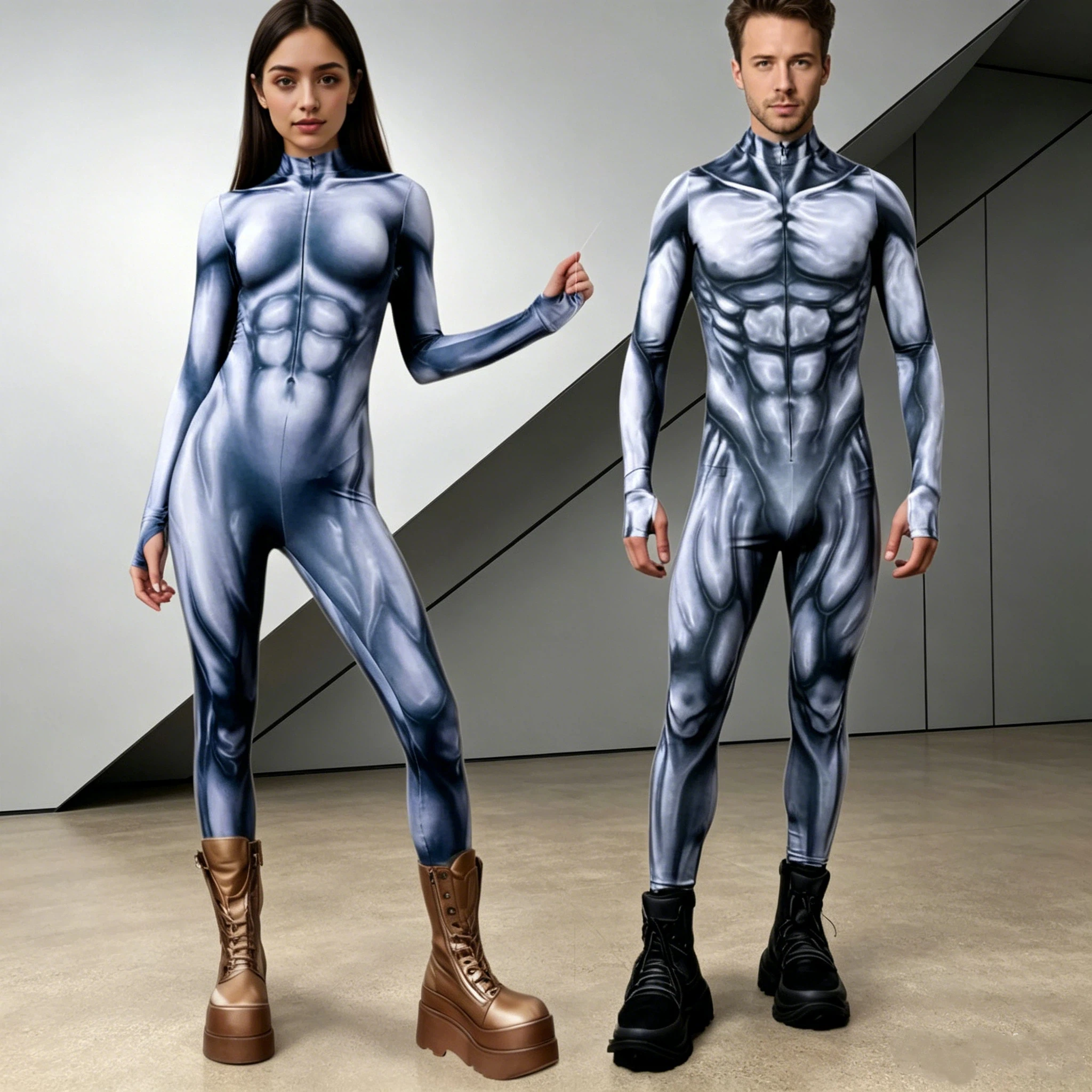 

Men Women 3D Muscle Print Zentai Suit Full Body Spandex Tight Jumpsuit for Couple Halloween Cosplay Costume Party Outfit 2026