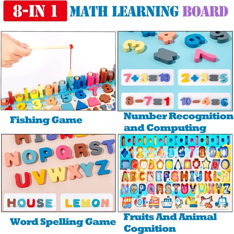 몬테소리 교육용 나무 수학 장난감 어린이 활동판 숫자 모양 색상 맞추기 낚시 퍼즐 학습 장난감 선물