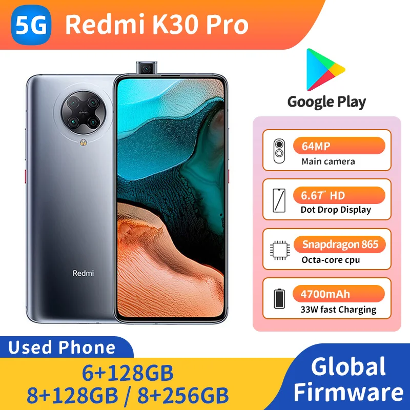Redmi K30 Pro 5G 64MP RAM 8GB ROM 256GB 6.67 بوصة 2400x1080px 4700mAh Qualcomm Snapdragon 865 هاتف مستعمل