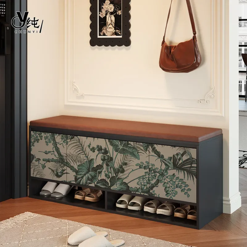 American Style Floral Bird Pattern Solid Wood Shoe Changing Stool Entryway Storage Bench with Seat Home Furniture