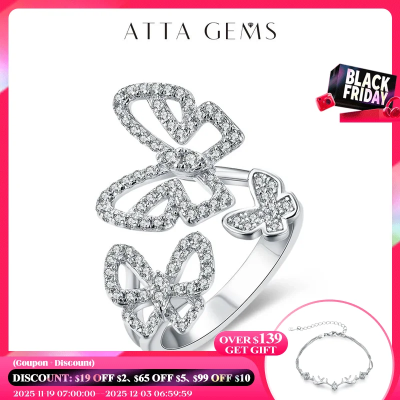 

Attagems Moissanite Ring for Women Pass Test Christmas Butterfly Rings 925 Sterling Silver Wedding Fine Jewelry for Women's Gift