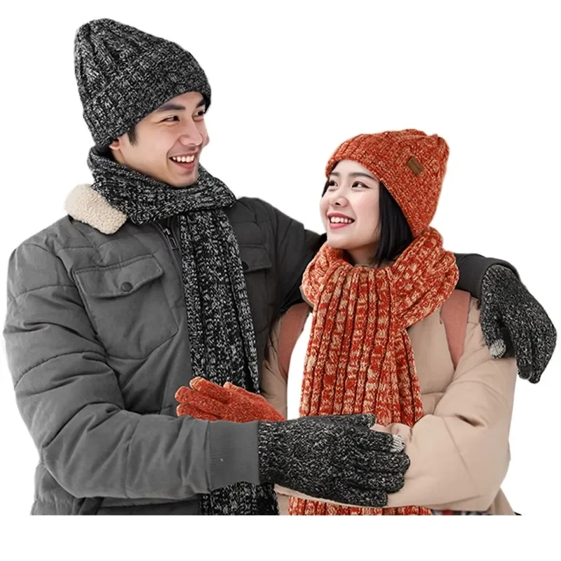 Thickened Knitted Hat Scarf Gloves Set Winter Warm Wool Blend Beanie Muffler Mittens 3 Piece Gift for Women Men Cold Weather