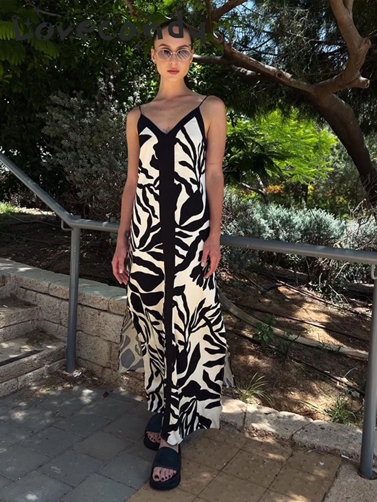 

Elegant Contrast Printed Off Shoulder Sling Maxi Robe Casual V Neck Sleeveless Split Slim Dresses New Lady Street Vacation Dress