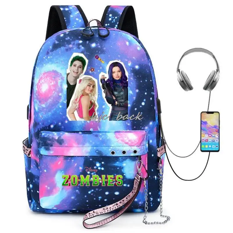 Zombies 2 Addison Cosplay Disney plecak dla Teeangers USB ładowania studentów tornister przed kradzieżą komputer Laptop Mochilas