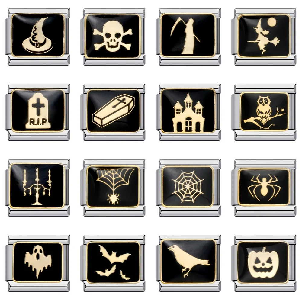 Goth Vintage schwarze Glasur Schädel Rabe Geist Halloween Tag Charm Links passen 9mm Armband Edelstahl machen DIY Schmuck – Detail 1
