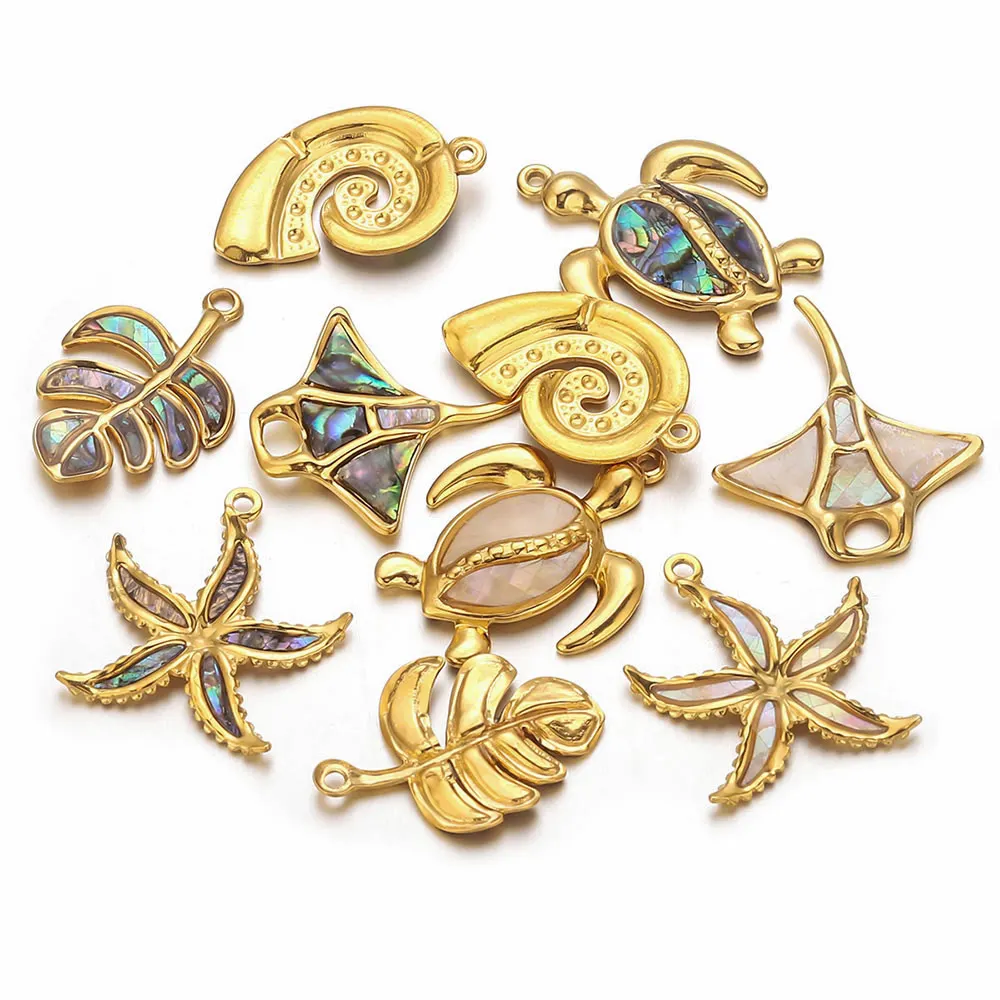 2pcs Stainless Steel Charms Turtle Starfish Devil Fish Colourful Shell Materials DIY Necklaces Bracelet Jewelry Making Wholesale