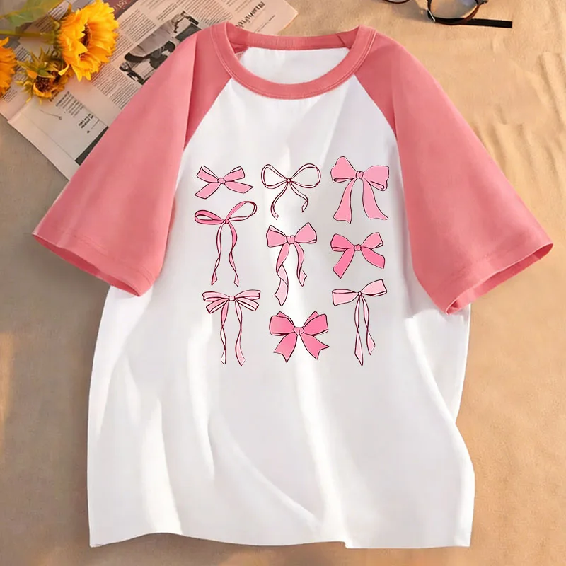 Y2k Grafik-T-Shirts mit rosa Schleifenmuster für Kinder, T-Shirt für Jungen und Mädchen, Sommer, Frühling, lässiges Top-T-Shirt