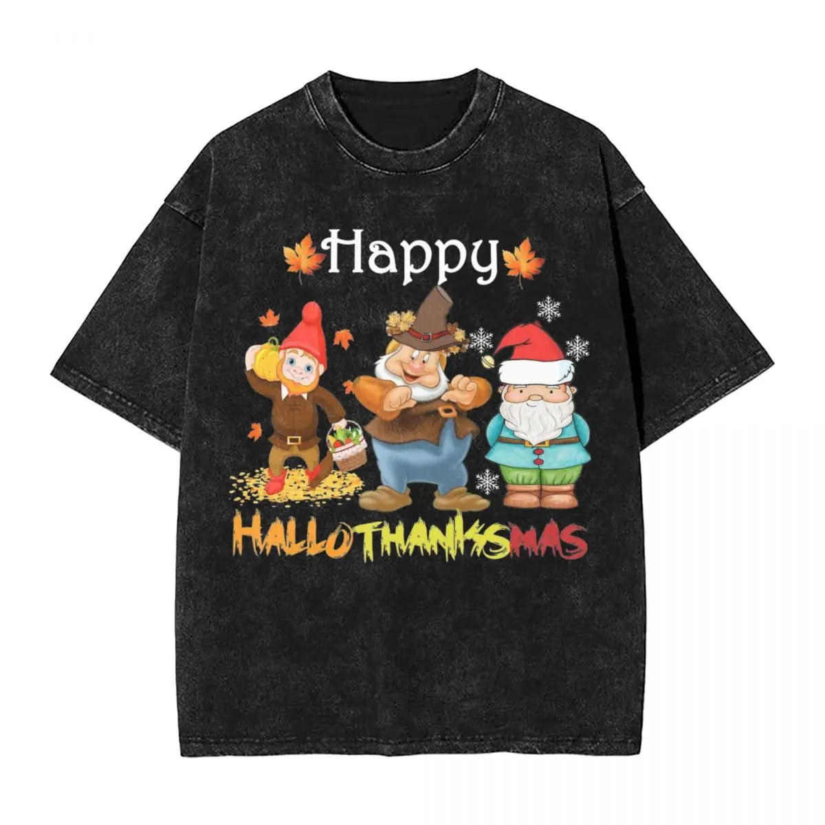 Happy Thanksgiving Gnomes Washed T-Shirt Male Pumpkin With Autumn Falling Leaves Casual T-Shirts O-Neck Tee Shirt Big Size Tops