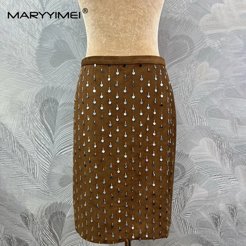 MARYYIMEI Solid Color Spliced ​​Sequined Skirt Waist Covering Hip Skirt 2026 Autumn Fashion Women's New Style