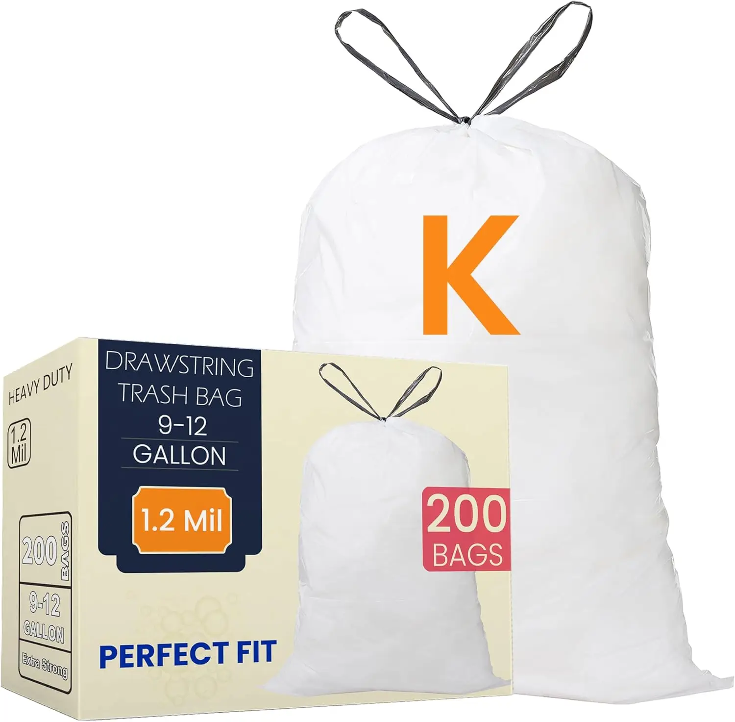 

Сверхмощные мешки для мусора на шнурке, 200 штук, 9–12 галлонов/35–45 л, 1,2 мил, белый